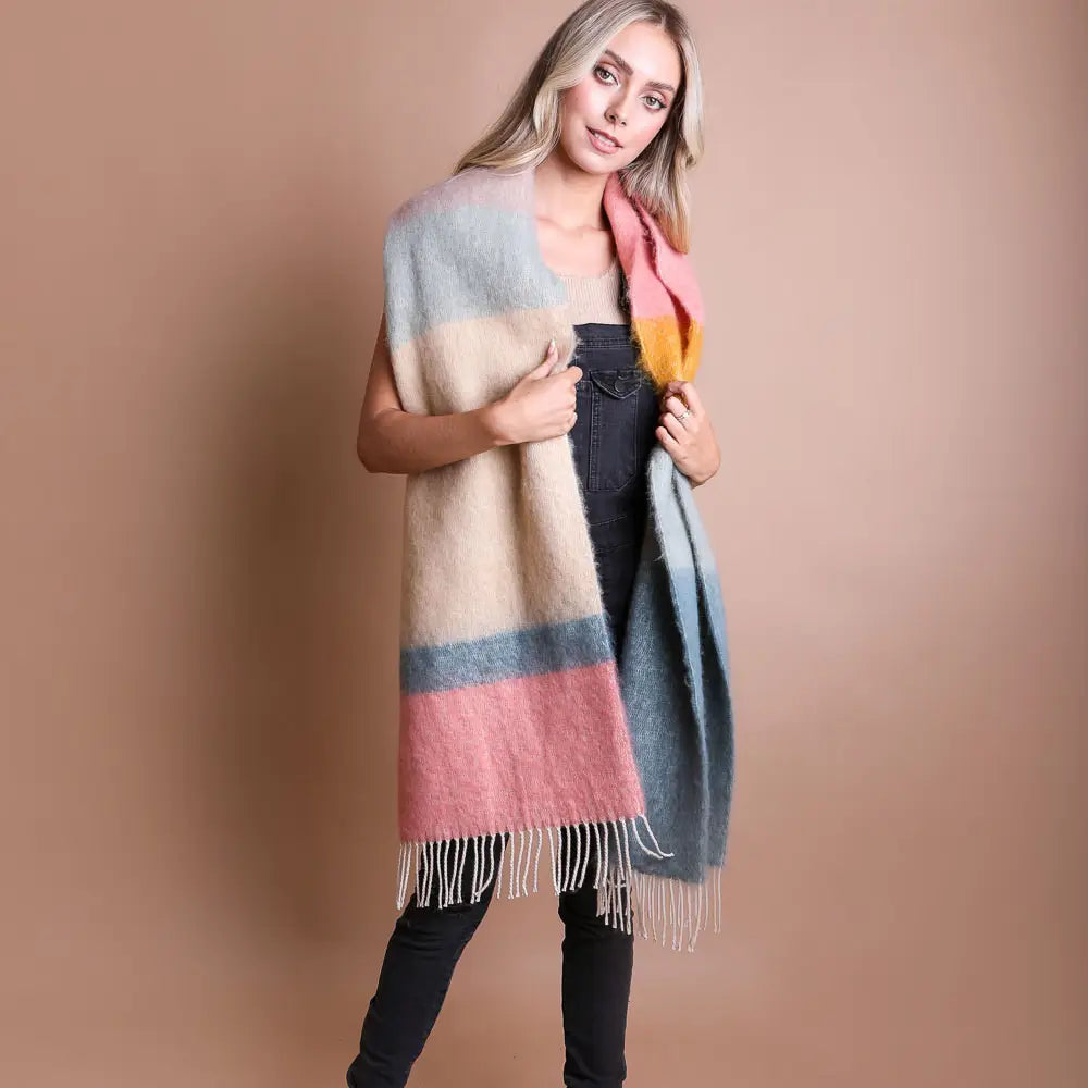 Winter Color‑Block Faux Mohair Scarf – Soft, Vibrant & Animal‑Friendly