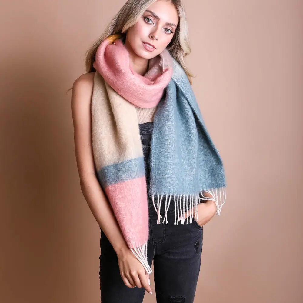 Winter Color‑Block Faux Mohair Scarf – Soft, Vibrant & Animal‑Friendly